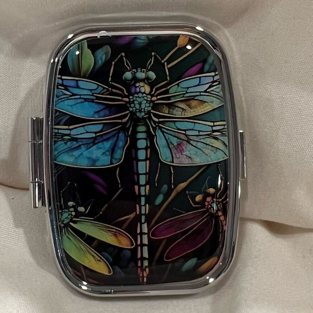 Whimsical Dragonfly Travel Pill Box 2 Compartment Medicine Pill Case Metal NEW